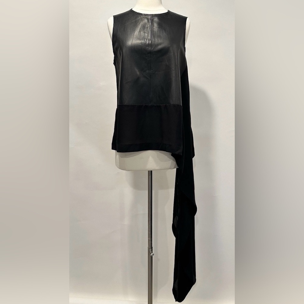 PEACHOO + KREJBERG Black Leather Silk Chiffon Asymmetric Hem Blouse Top M